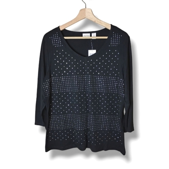 Chico’s Zenergy Erica Top NWT L (Chico’s 2) Black Sparkle 3/4 Sleeve Tunic - Picture 1 of 10